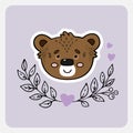 Bear. Cute funny hand drawn animal with hearts, leaves and branches. Royalty Free Stock Photo